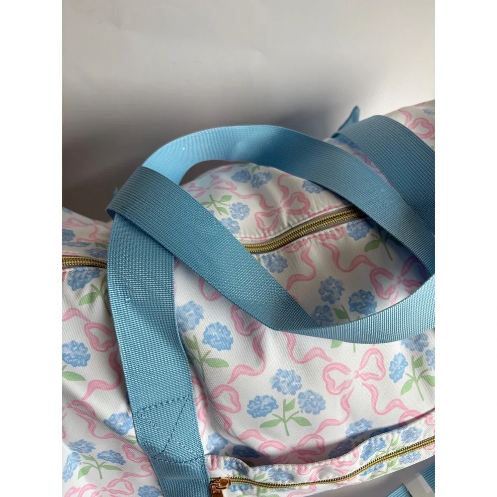 Blue Floral‎ Pink Bow Ruffle Duffel Bag Travel Carry On Weekender Gym Bag 18x10